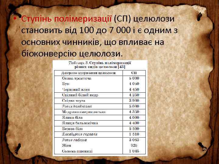  • Ступінь полімеризації (СП) целюлози становить від 100 до 7 000 і є