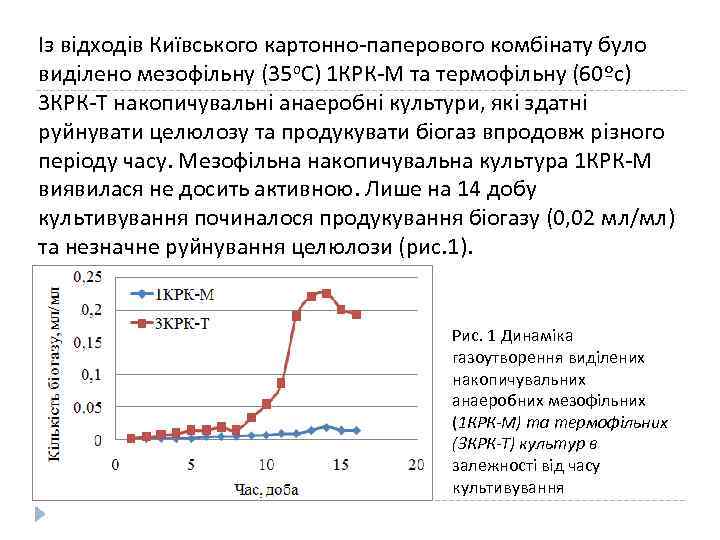 Із відходів Київськoгo картонно-паперового комбінату було видiлeнo мeзoфiльну (35 о. С) 1 КРК-М та