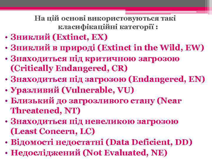 На цій основі використовуються такі класифікаційні категорії : • Зниклий (Extinct, EX) • Зниклий