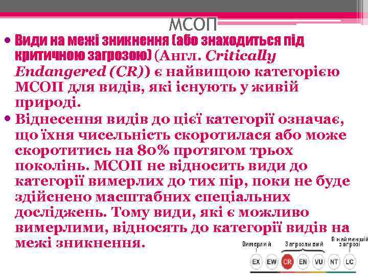 МСОП Види на межі зникнення (або знаходиться під критичною загрозою) (Англ. Critically Endangered (CR))