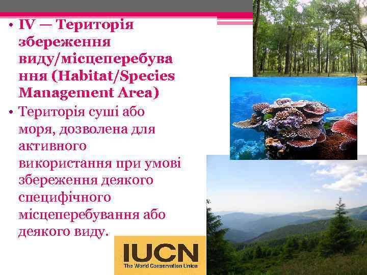  • IV — Територія збереження виду/місцеперебува ння (Habitat/Species Management Area) • Територія суші