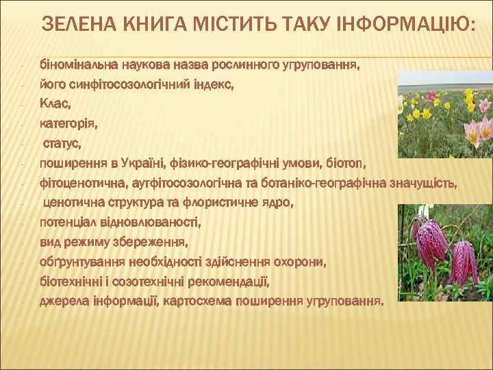 ЗЕЛЕНА КНИГА МІСТИТЬ ТАКУ ІНФОРМАЦІЮ: - біномінальна наукова назва рослинного угруповання, його синфітосозологічний індекс,