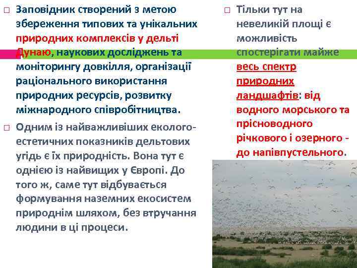  Заповідник створений з метою збереження типових та унікальних природних комплексів у дельті Дунаю,