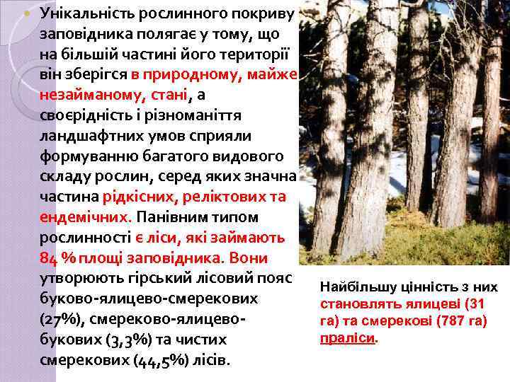  Унікальність рослинного покриву заповідника полягає у тому, що на більшій частині його території
