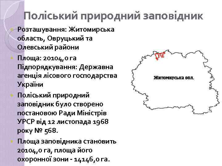 Поліський природний заповідник Розташування: Житомирська область, Овруцький та Олевський райони Площа: 20104, 0 га