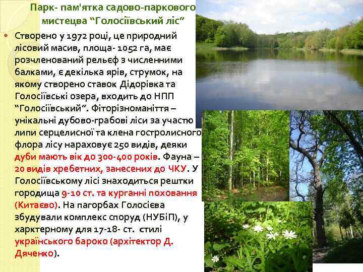 Парк- пам'ятка садово-паркового мистецва “Голосіївський ліс” Створено у 1972 році, це природний лісовий масив,