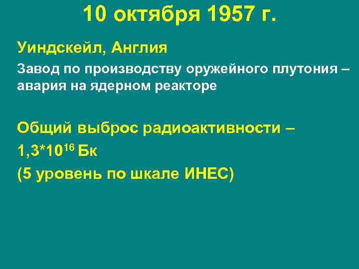 10 октября 1957 г. Уиндскейл, Англия Завод по производству оружейного плутония – авария на