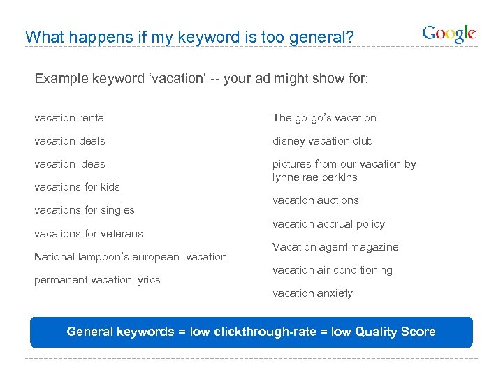 What happens if my keyword is too general? Example keyword ‘vacation’ -- your ad