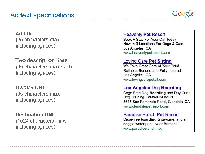 Ad text specifications Ad title (25 characters max, including spaces) Two description lines (35