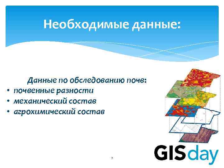 Необходимые данные: Данные по обследованию почв: • почвенные разности • механический состав • агрохимический
