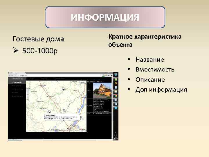 ИНФОРМАЦИЯ Гостевые дома Ø 500 -1000 р Краткое характеристика объекта • • Название Вместимость
