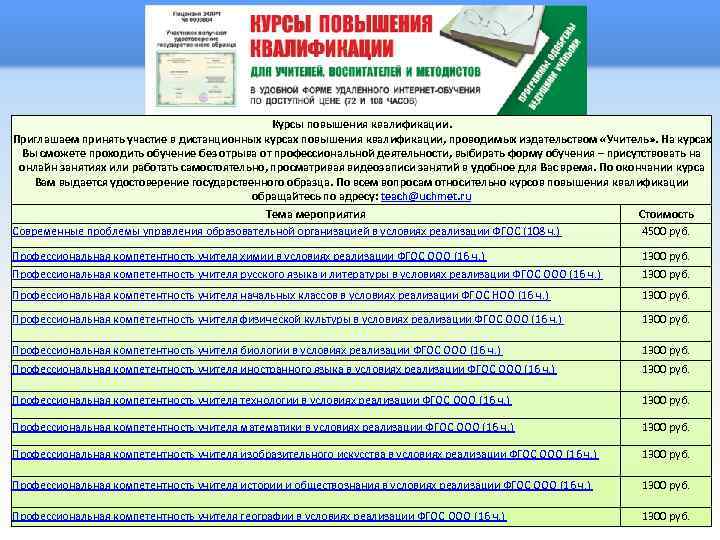 Курсы повышения квалификации. Приглашаем принять участие в дистанционных курсах повышения квалификации, проводимых издательством «Учитель»