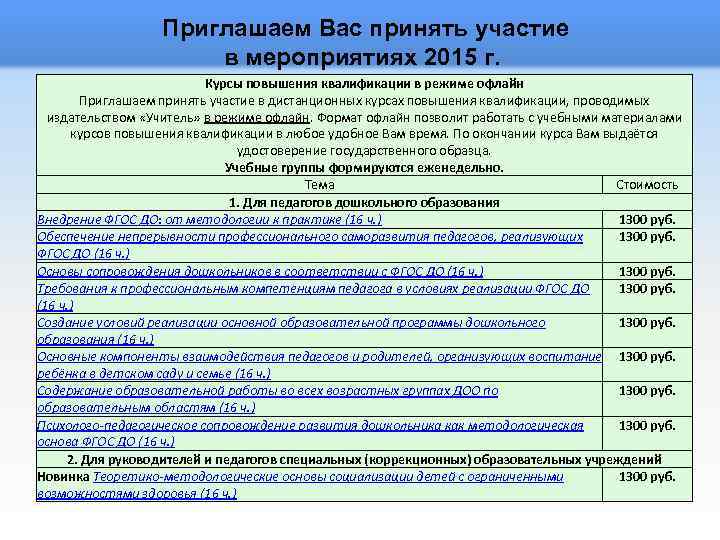 Приглашаем Вас принять участие в мероприятиях 2015 г. Курсы повышения квалификации в режиме офлайн