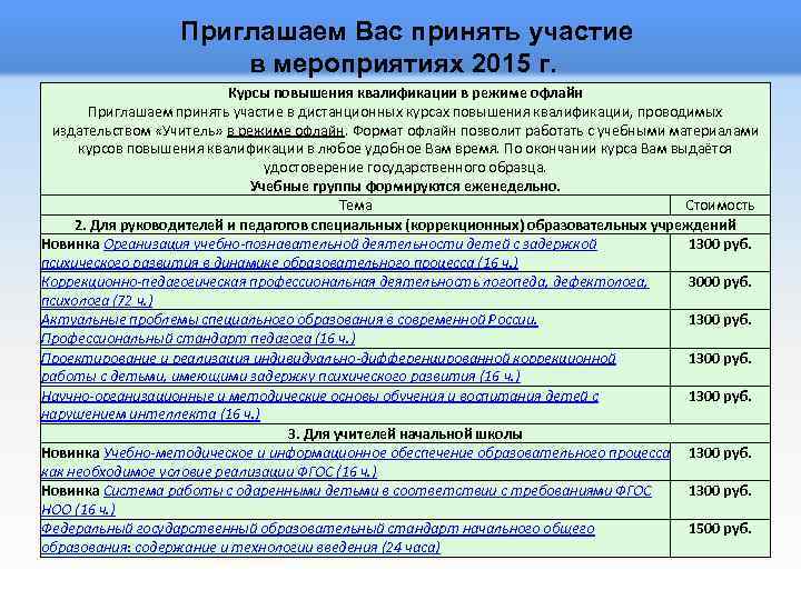Приглашаем Вас принять участие в мероприятиях 2015 г. Курсы повышения квалификации в режиме офлайн