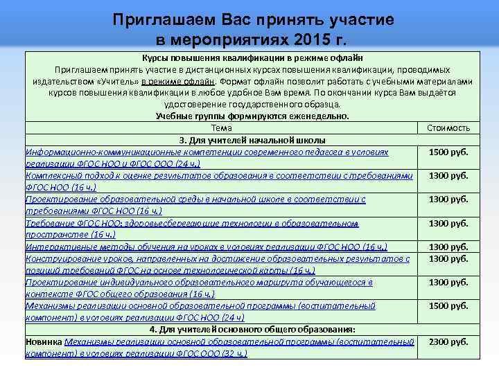 Приглашаем Вас принять участие в мероприятиях 2015 г. Курсы повышения квалификации в режиме офлайн