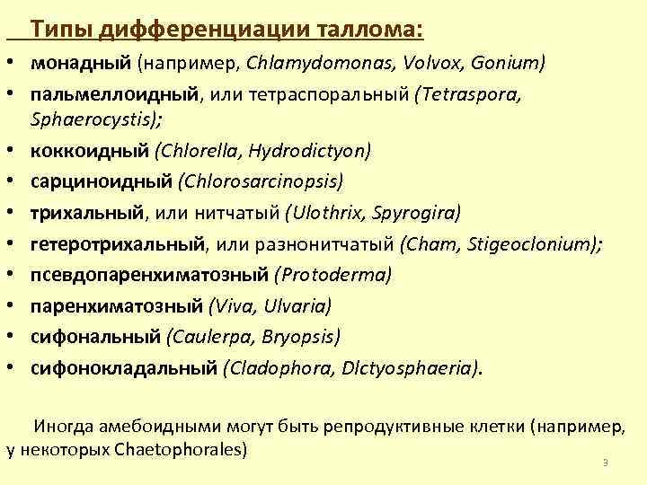 Типы дифференциации таллома: • монадный (например, Chlamydomonas, Volvox, Gonium) • пальмеллоидный, или тетраспоральный (Tetraspora,