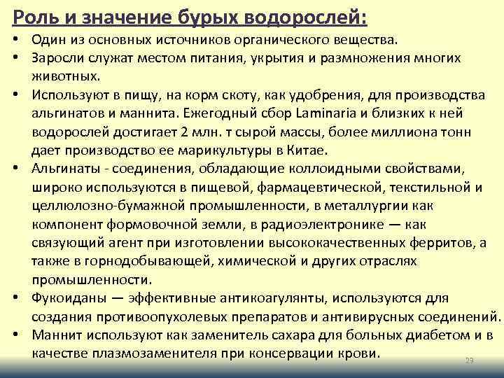 Роль и значение бурых водорослей: • Один из основных источников органического вещества. • Заросли