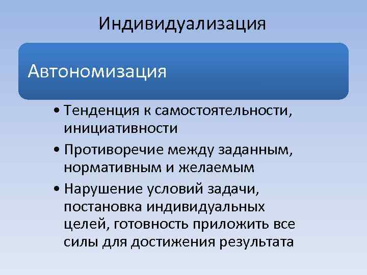 Индивидуализация Автономизация • Тенденция к самостоятельности, инициативности • Противоречие между заданным, нормативным и желаемым