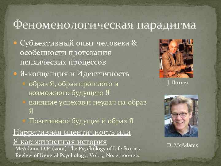 Феноменологическая парадигма Субъективный опыт человека & особенности протекания психических процессов Я-концепция и Идентичность образ