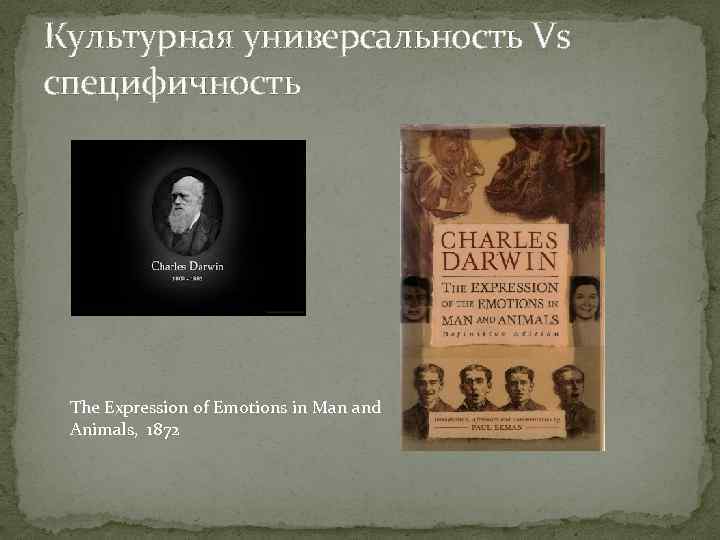 Культурная универсальность Vs специфичность The Expression of Emotions in Man and Animals, 1872 