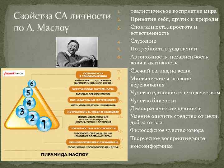 Свойства СА личности по А. Маслоу 1. 2. 3. 4. 5. 6. 7. 8.