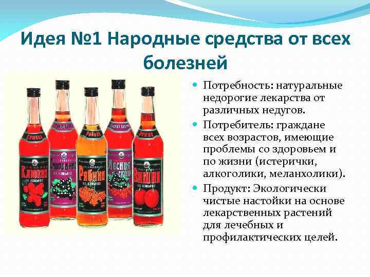 Идея № 1 Народные средства от всех болезней Потребность: натуральные недорогие лекарства от различных
