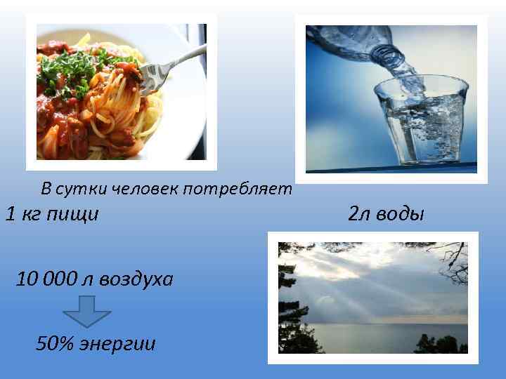 В сутки человек потребляет 1 кг пищи 10 000 л воздуха 50% энергии 2