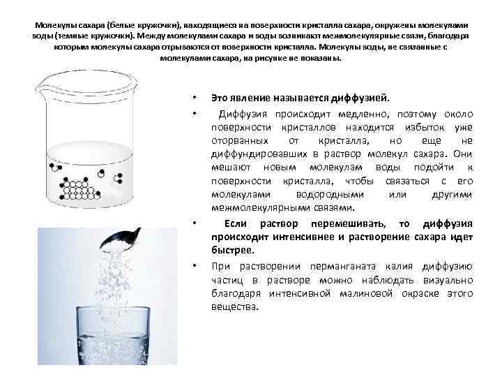 Молекулы сахара (белые кружочки), находящиеся на поверхности кристалла сахара, окружены молекулами воды (темные кружочки).