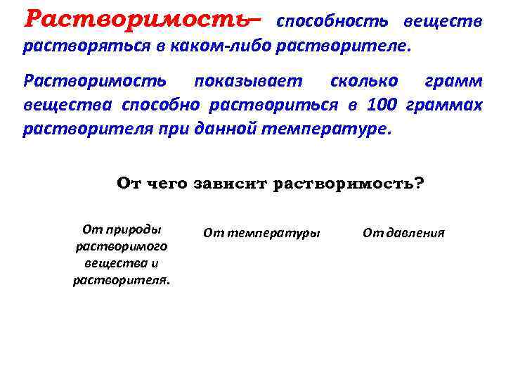 Растворимость– способность веществ растворяться в каком-либо растворителе. Растворимость показывает сколько грамм вещества способно раствориться