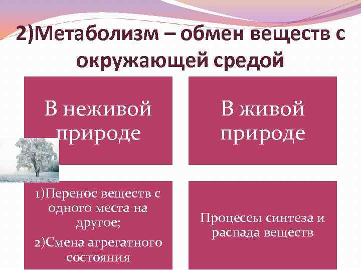 2)Метаболизм – обмен веществ с окружающей средой В неживой природе В живой природе 1)Перенос