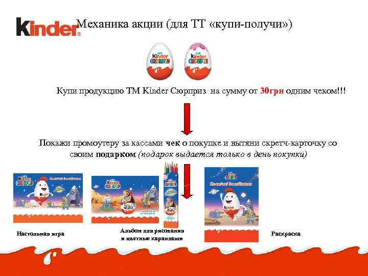 Механика акции (для ТТ «купи-получи» ) Купи продукцию ТМ Kinder Сюрприз на сумму от