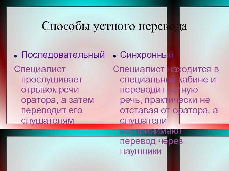 Способы устного перевода Последовательный Специалист прослушивает отрывок речи оратора, а затем переводит его слушателям