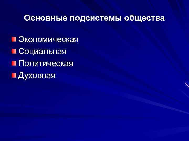 Основные подсистемы общества Экономическая Социальная Политическая Духовная 