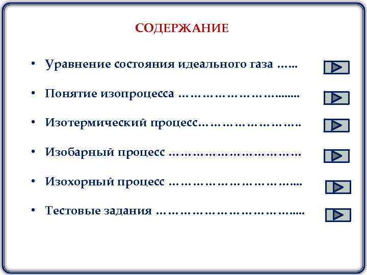 СОДЕРЖАНИЕ • Уравнение состояния идеального газа …. . . • Понятие изопроцесса …………. .