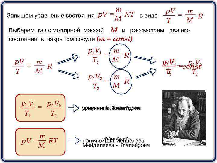 m RT в виде Запишем уравнение состояния p. V = M Выберем газ с