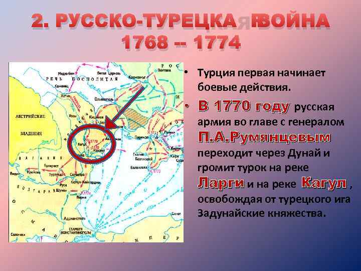 2. РУССКО-ТУРЕЦКАЯ ВОЙНА 1768 -- 1774 • Турция первая начинает боевые действия. • В