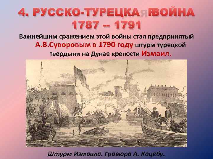 4. РУССКО-ТУРЕЦКАЯ ВОЙНА 1787 -- 1791 Важнейшим сражением этой войны стал предпринятый А. В.