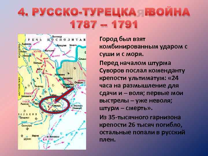 4. РУССКО-ТУРЕЦКАЯ ВОЙНА 1787 -- 1791 Город был взят комбинированным ударом с суши и