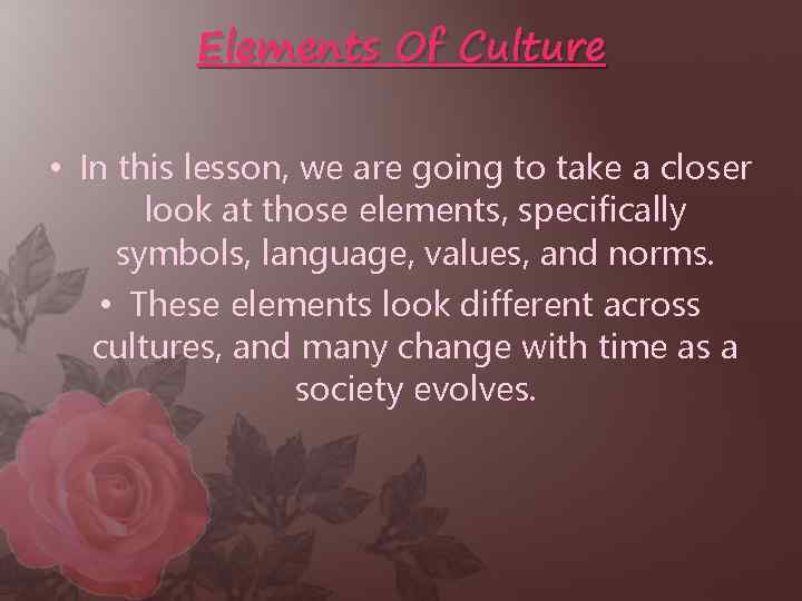 Elements Of Culture • In this lesson, we are going to take a closer