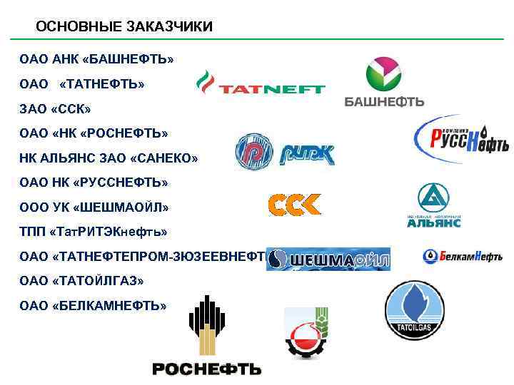 ОСНОВНЫЕ ЗАКАЗЧИКИ ОАО АНК «БАШНЕФТЬ» ОАО «ТАТНЕФТЬ» ЗАО «ССК» ОАО «НК «РОСНЕФТЬ» НК АЛЬЯНС