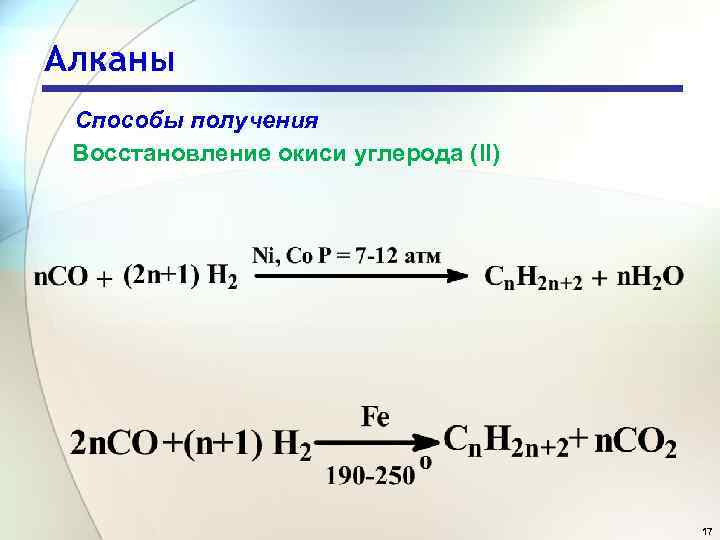 Алканы Способы получения Восстановление окиси углерода (II) 17 
