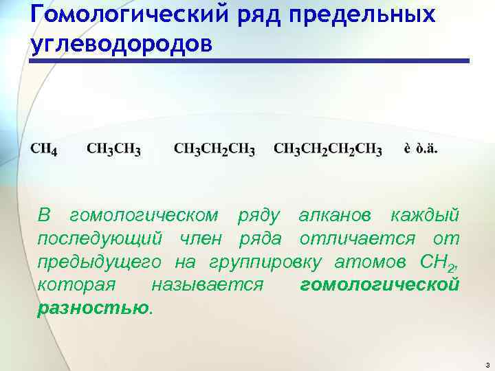 Гомологический ряд предельных углеводородов В гомологическом ряду алканов каждый последующий член ряда отличается от