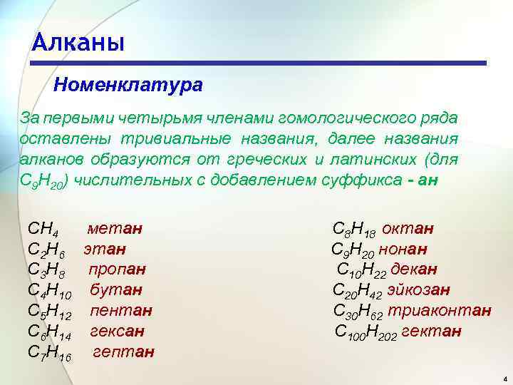 Алканы Номенклатура За первыми четырьмя членами гомологического ряда оставлены тривиальные названия, далее названия алканов
