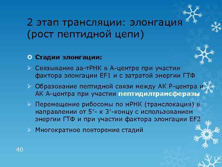 2 этап трансляции: элонгация (рост пептидной цепи) Стадии элонгации: Ø Связывание аа-т. РНК в