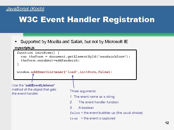 Java. Script (Koch) W 3 C Event Handler Registration Supported by Mozilla and Safari,