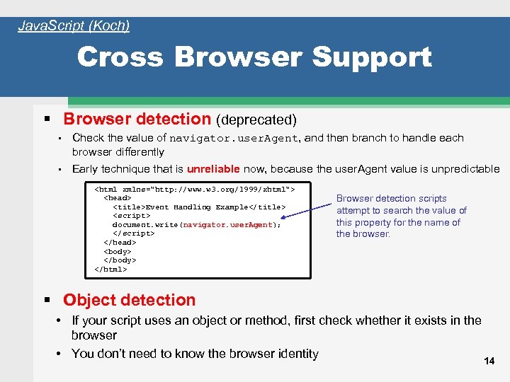 Java. Script (Koch) Cross Browser Support Browser detection (deprecated) • Check the value of