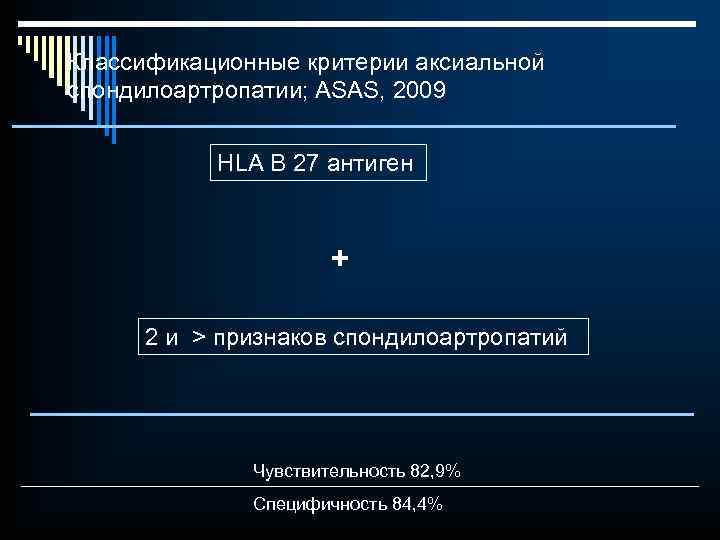 Классификационные критерии аксиальной спондилоартропатии; ASAS, 2009 HLA B 27 антиген + 2 и >
