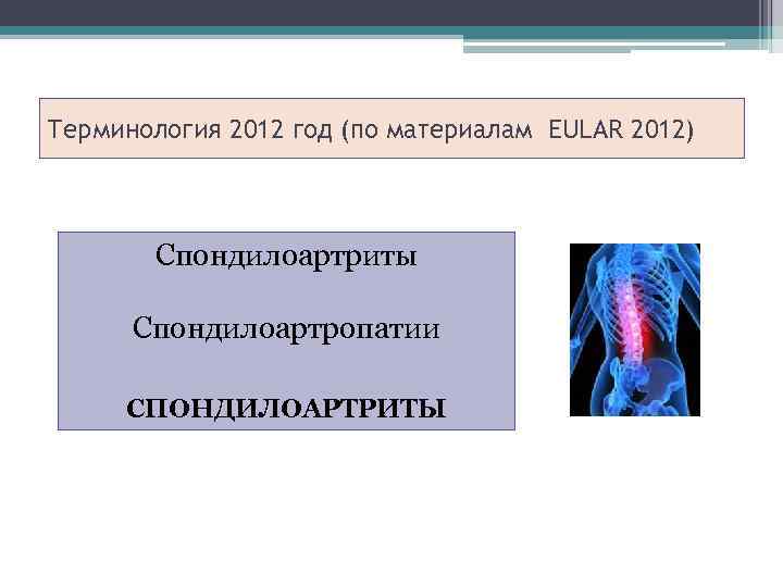 Терминология 2012 год (по материалам EULAR 2012) Спондилоартриты Спондилоартропатии СПОНДИЛОАРТРИТЫ 