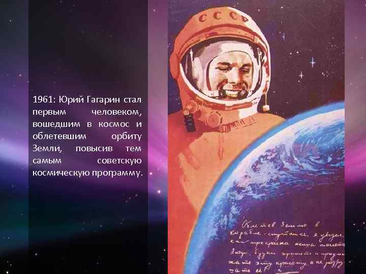 1961: Юрий Гагарин стал первым человеком, вошедшим в космос и облетевшим орбиту Земли, повысив