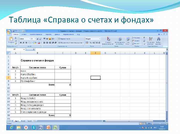 Таблица «Справка о счетах и фондах» 